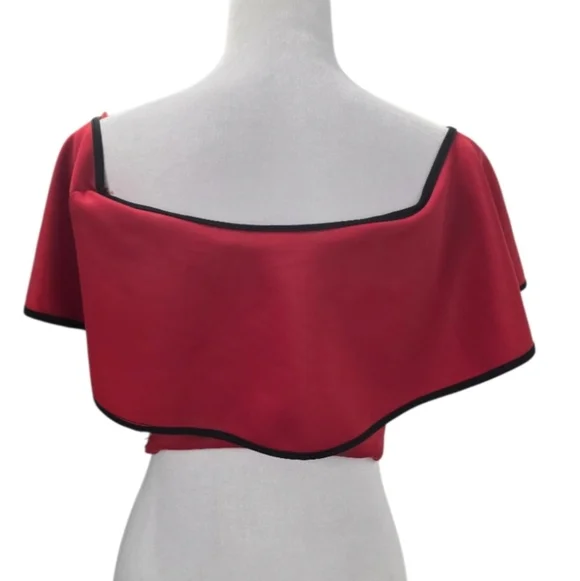 Banjul Pinup Cha Cha Red Off-Shoulder Tie-Front Crop Top with Black Trim - Picture 2 of 4